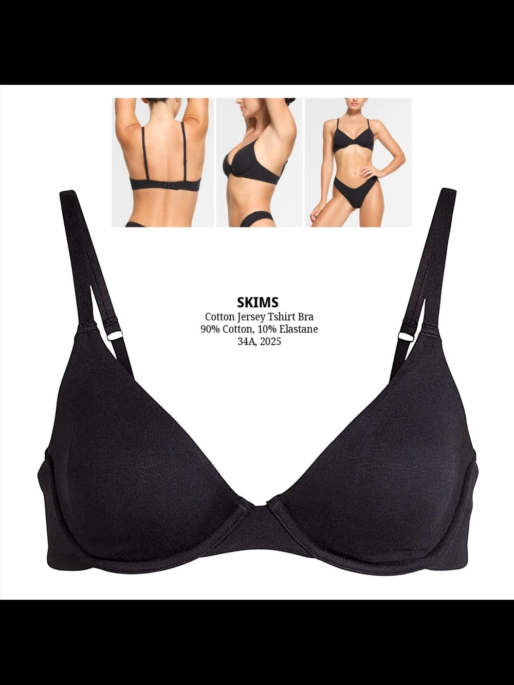 SKIMS Black Cotton Jersey T-Shirt Bra — Smooth Support